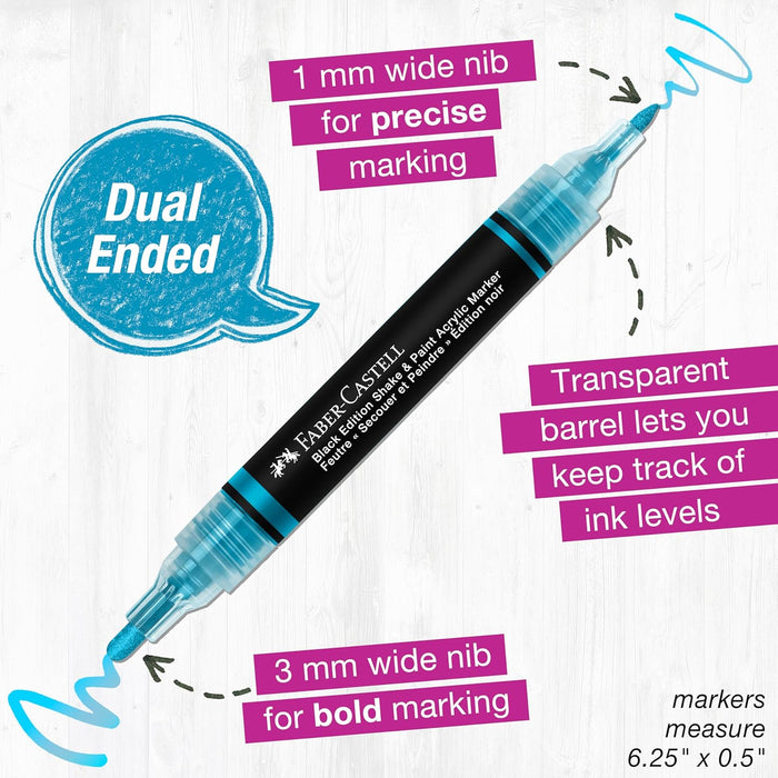 FABER-CASTELL 285517 - Acrylic Marker Shake&Paint Black Edition, 6 Acrylic Pencils, Marker with 2 Round Tips (3 mm & 1 mm)