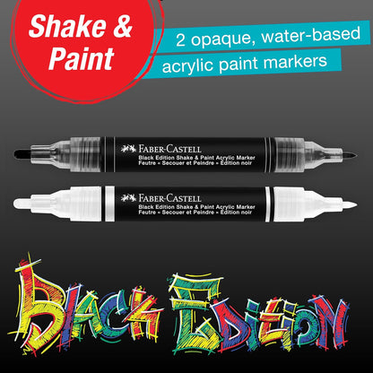 FABER-CASTELL 285503 - Shake&Paint Black Edition Acrylic Marker, 2 Acrylic Pencils, Marker with 2 Round Tips (3mm and 1mm)