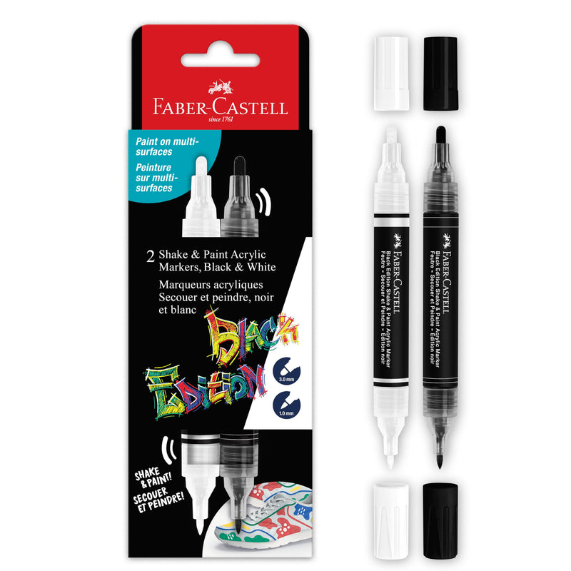 FABER-CASTELL 285503 - Shake&Paint Black Edition Acrylic Marker, 2 Acrylic Pencils, Marker with 2 Round Tips (3mm and 1mm)