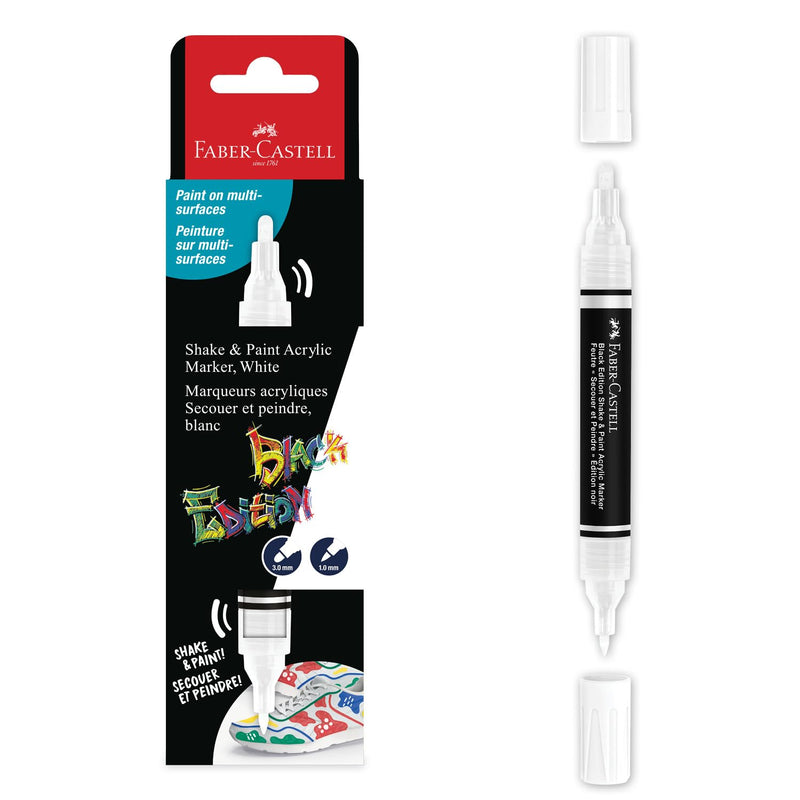 FABER-CASTELL 285511 - Pennarello acrilico Shake&Paint Black Edition, penna acrilica bianca, pennarello con 2 punte rotonde (3 mm e 1 mm)