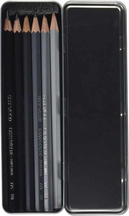Caran d'Ache - Temperamatite in metallo & 0775.306 Artist Graphite Line Grafwood - Matite con 6 gradazioni di durezza