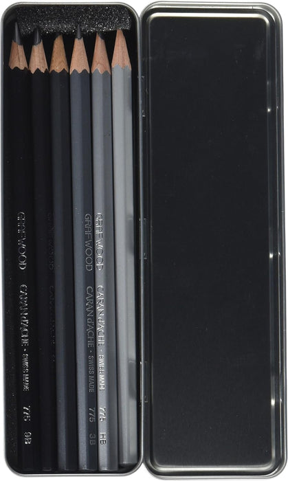 Caran d'Ache - Temperamatite in metallo & 0775.306 Artist Graphite Line Grafwood - Matite con 6 gradazioni di durezza