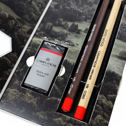 Caran Dache Swiss Wood Gift Set, including 1 HB pencil made from beech wood, 1 HB pencil made from pine wood, 1 extra-soft eraser, 1 single hole metal wedge sharpener