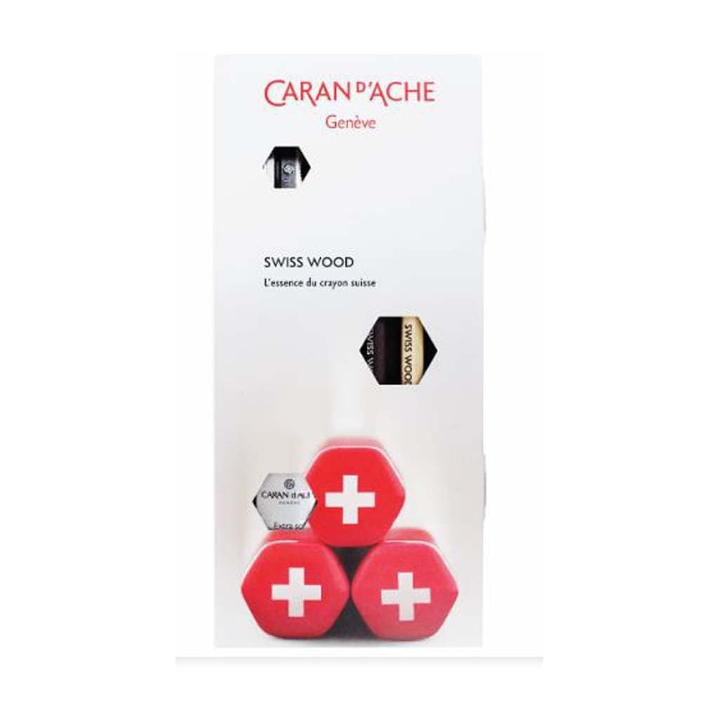 Caran Dache Swiss Wood Gift Set, including 1 HB pencil made from beech wood, 1 HB pencil made from pine wood, 1 extra-soft eraser, 1 single hole metal wedge sharpener