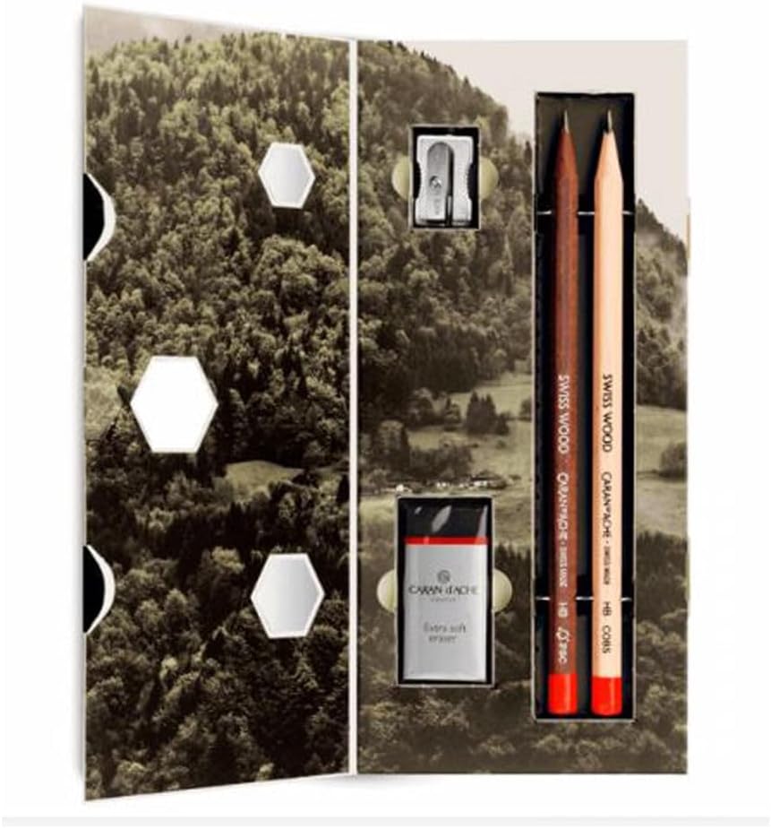 Caran Dache Swiss Wood Gift Set, including 1 HB pencil made from beech wood, 1 HB pencil made from pine wood, 1 extra-soft eraser, 1 single hole metal wedge sharpener