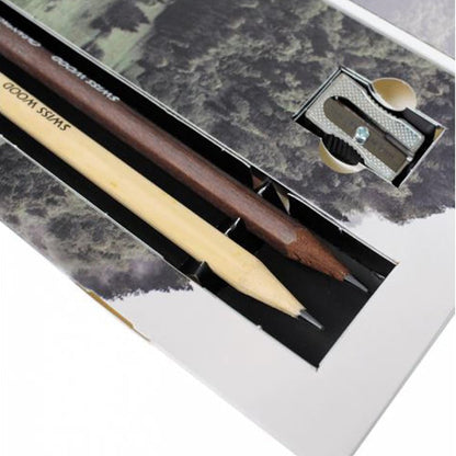 Caran Dache Swiss Wood Gift Set, including 1 HB pencil made from beech wood, 1 HB pencil made from pine wood, 1 extra-soft eraser, 1 single hole metal wedge sharpener