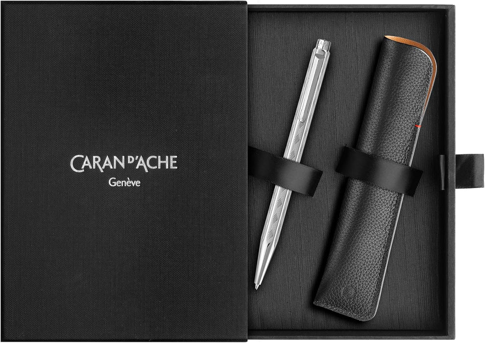 Caran d'Ache 849 ECRIDOR TRESSÉ 8902.024 Platinum Plated Ballpoint Pen with Brass Barrel and Leather Case, Special Edition