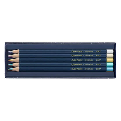 Caran d'Ache Léman CC1284.024 Cosmic Blue Metallic Coloured Pencils Set of 10 Gift Set with Premium Cardboard