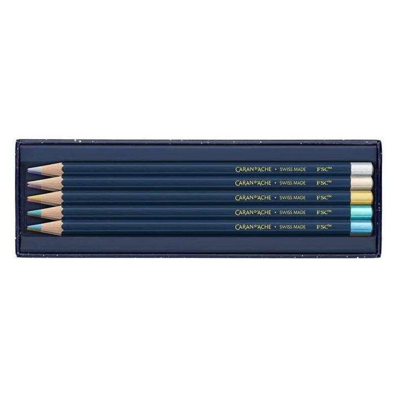 Caran d'Ache Léman CC1284.024 Cosmic Blue Metallic Coloured Pencils Set of 10 Gift Set with Premium Cardboard