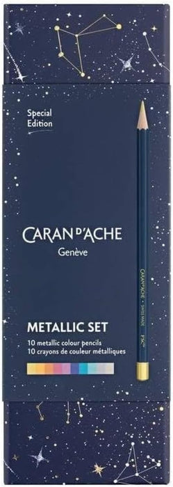 Caran d'Ache Léman CC1284.024 Cosmic Blue Metallic Coloured Pencils Set of 10 Gift Set with Premium Cardboard