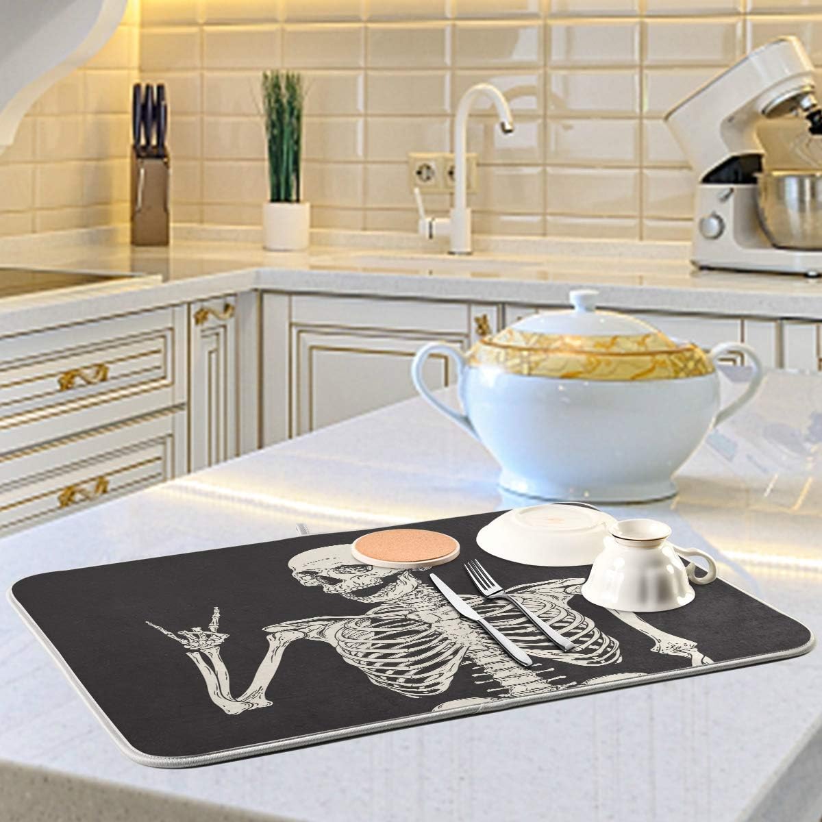 ATTX Black Background Skeleton Dish Drying Mat for Kitchen, Easy Clean Dishwasher Safe Heat Resistant Eco-Friendly Countertop Mat, Halloween Gift 16 X 18 inches