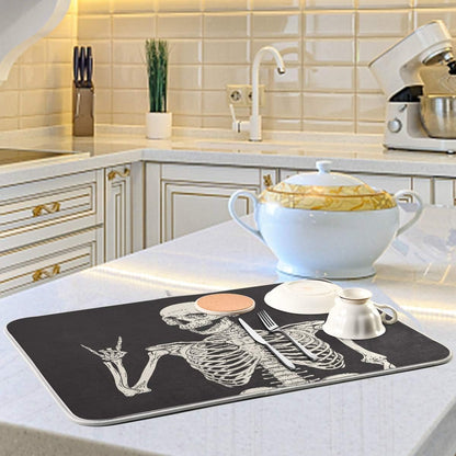 ATTX Black Background Skeleton Dish Drying Mat for Kitchen, Easy Clean Dishwasher Safe Heat Resistant Eco-Friendly Countertop Mat, Halloween Gift 16 X 18 inches