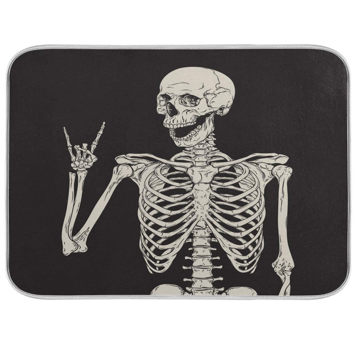 ATTX Black Background Skeleton Dish Drying Mat for Kitchen, Easy Clean Dishwasher Safe Heat Resistant Eco-Friendly Countertop Mat, Halloween Gift 16 X 18 inches