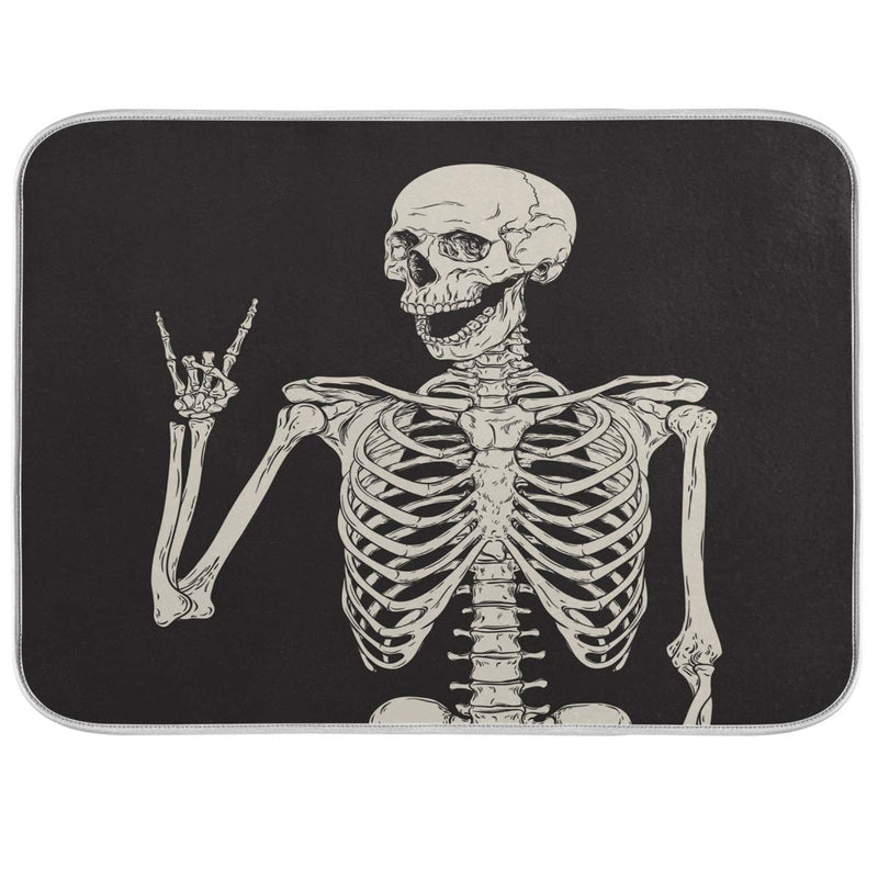 ATTX Black Background Skeleton Dish Drying Mat for Kitchen, Easy Clean Dishwasher Safe Heat Resistant Eco-Friendly Countertop Mat, Halloween Gift 16 X 18 inches