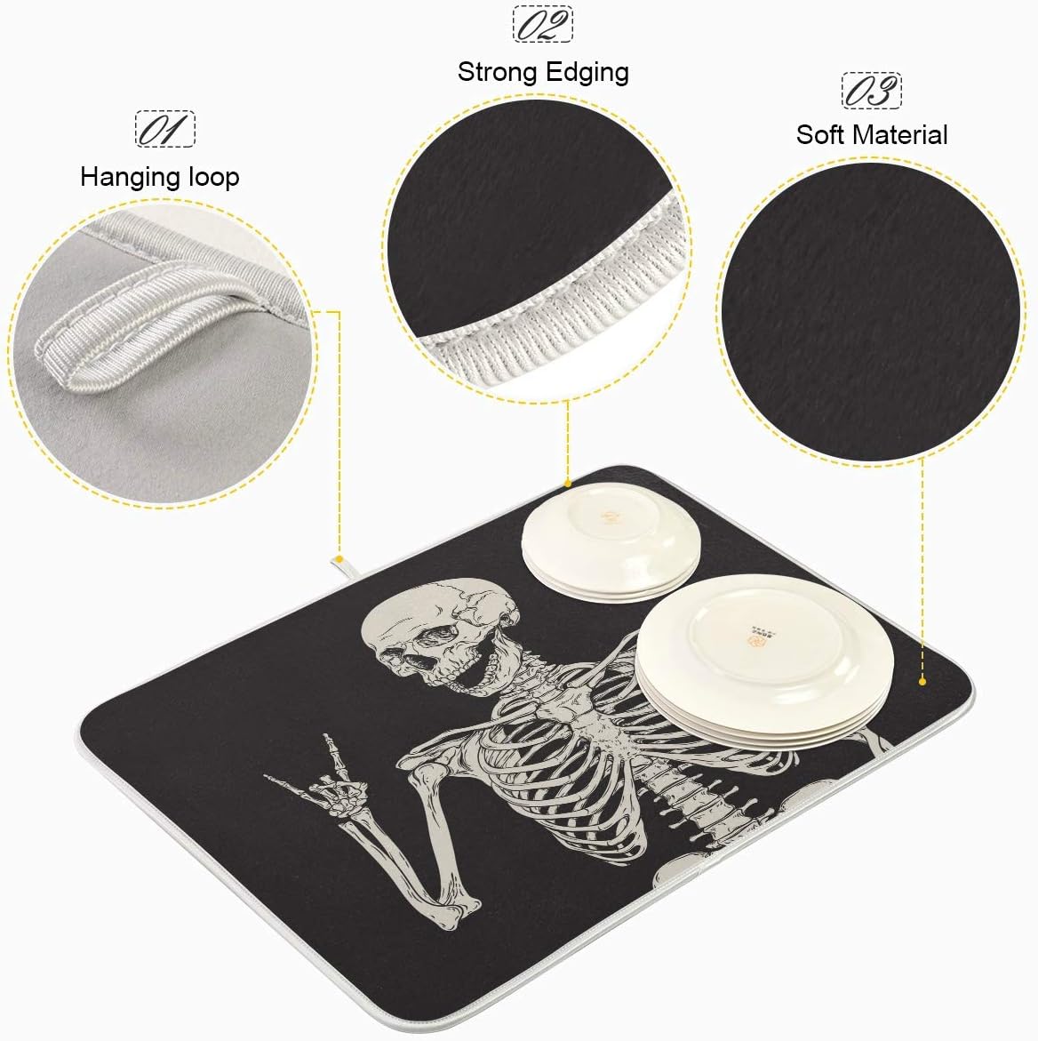 ATTX Black Background Skeleton Dish Drying Mat for Kitchen, Easy Clean Dishwasher Safe Heat Resistant Eco-Friendly Countertop Mat, Halloween Gift 16 X 18 inches