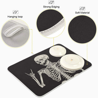 ATTX Black Background Skeleton Dish Drying Mat for Kitchen, Easy Clean Dishwasher Safe Heat Resistant Eco-Friendly Countertop Mat, Halloween Gift 16 X 18 inches