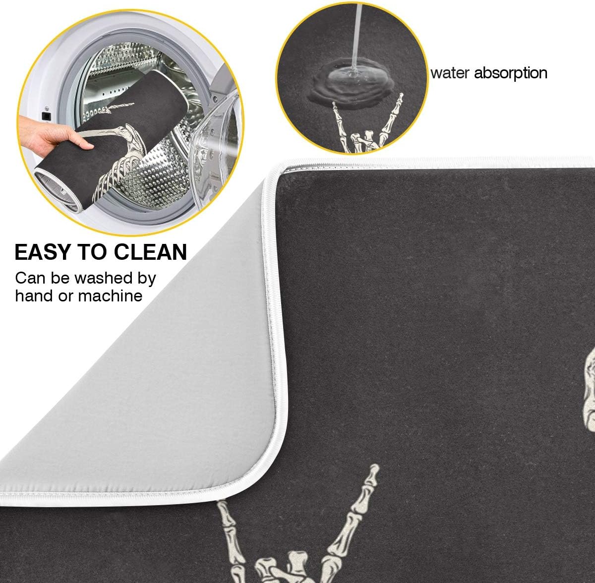 ATTX Black Background Skeleton Dish Drying Mat for Kitchen, Easy Clean Dishwasher Safe Heat Resistant Eco-Friendly Countertop Mat, Halloween Gift 16 X 18 inches