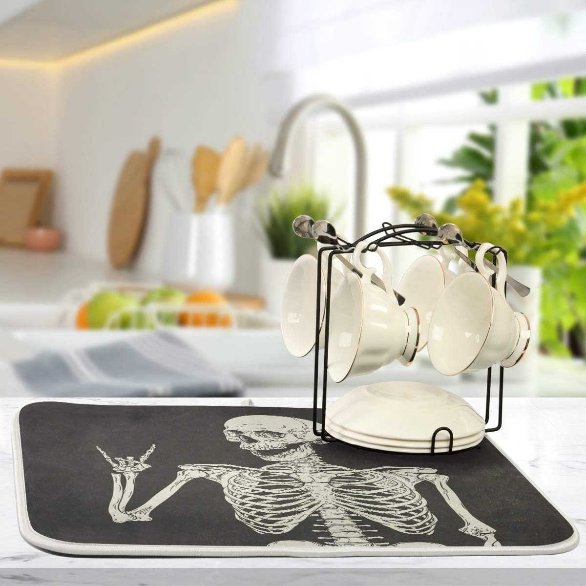 ATTX Black Background Skeleton Dish Drying Mat for Kitchen, Easy Clean Dishwasher Safe Heat Resistant Eco-Friendly Countertop Mat, Halloween Gift 16 X 18 inches