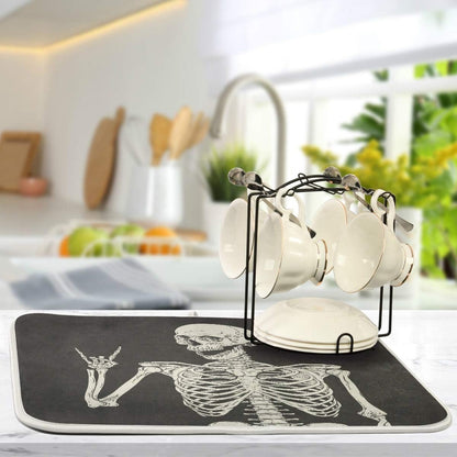 ATTX Black Background Skeleton Dish Drying Mat for Kitchen, Easy Clean Dishwasher Safe Heat Resistant Eco-Friendly Countertop Mat, Halloween Gift 16 X 18 inches