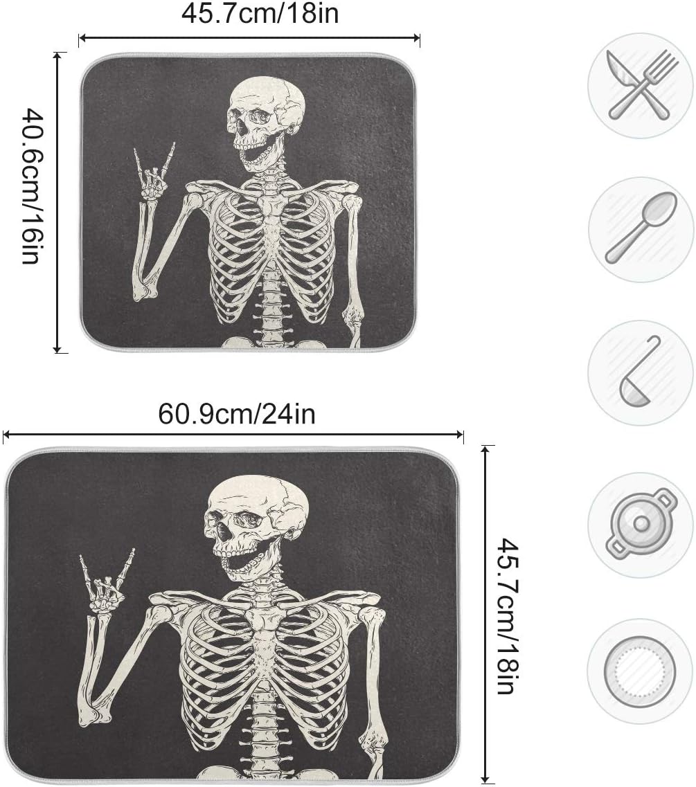 ATTX Black Background Skeleton Dish Drying Mat for Kitchen, Easy Clean Dishwasher Safe Heat Resistant Eco-Friendly Countertop Mat, Halloween Gift 16 X 18 inches