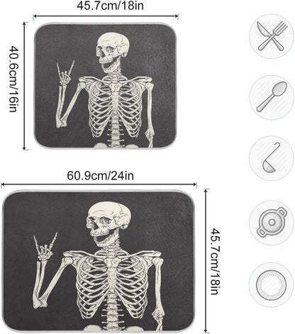 ATTX Black Background Skeleton Dish Drying Mat for Kitchen, Easy Clean Dishwasher Safe Heat Resistant Eco-Friendly Countertop Mat, Halloween Gift 16 X 18 inches