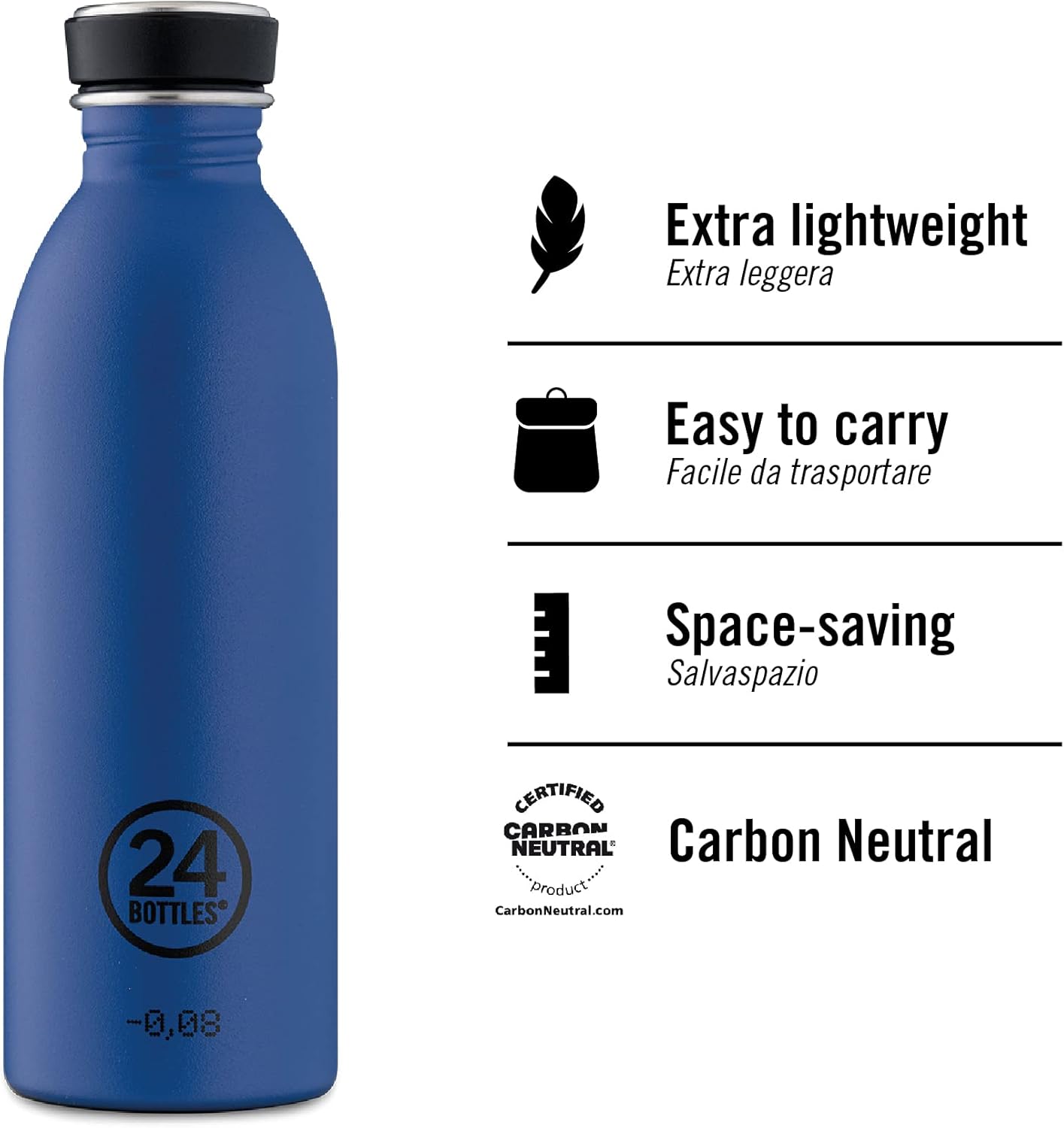 24Bottles Super Light Water Bottle | Reusable Stainless Steel Bottle BPA | Urban Bottle | Original Italian Design - Tuxedo Black 250ml