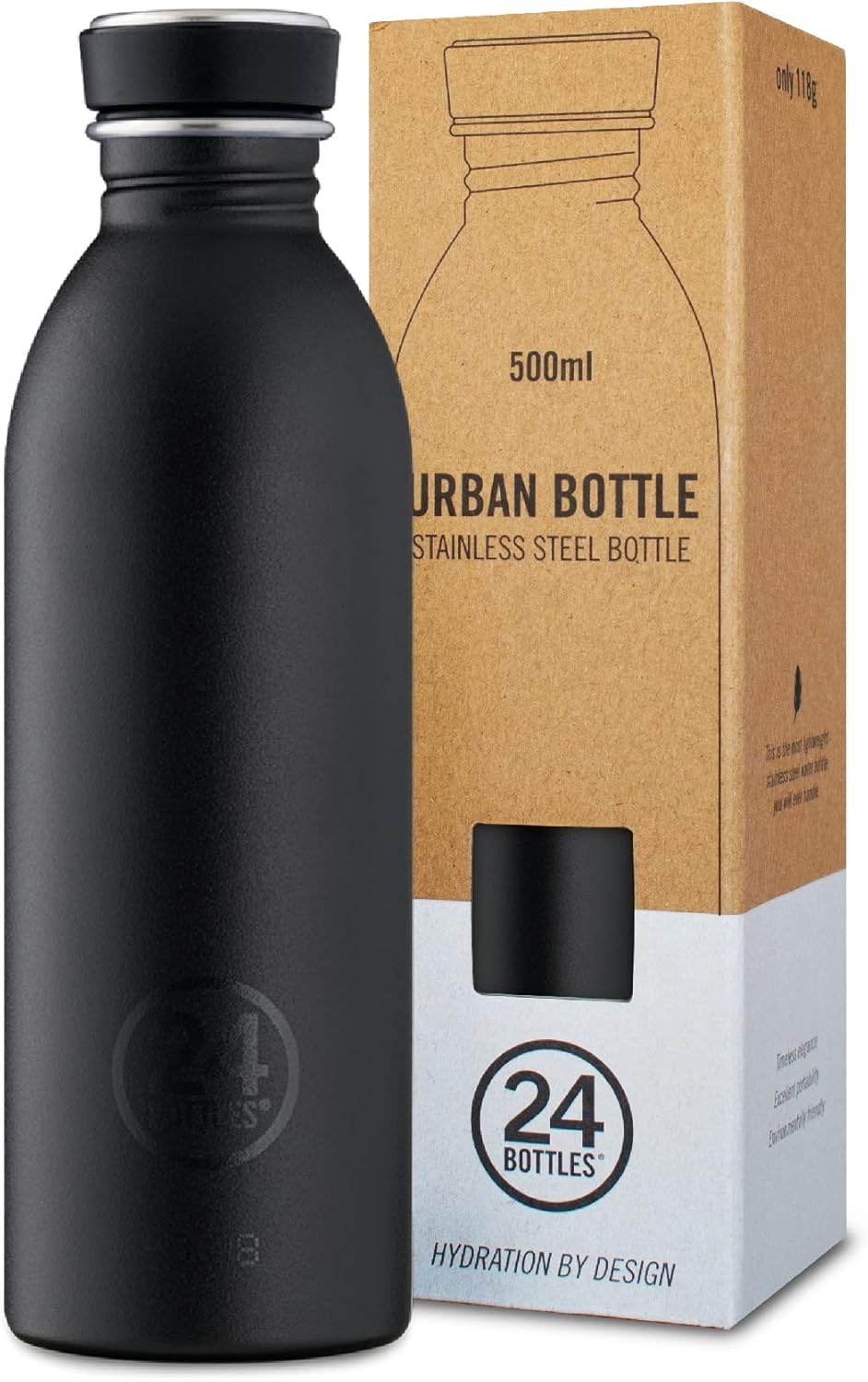24Bottles Super Lightweight Water Bottle | Reusable Stainless Steel Bottle BPA | Urban Bottle | Original Italian Design - Tuxedo Black 500 ml