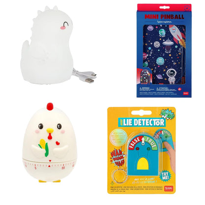 LEGAMI Bundles, Dino Night Light, Pinball Machine Space, Minatur Lie Detector, Kitchen Timer in Chicken Design, Gift Set (Dino Fantasy