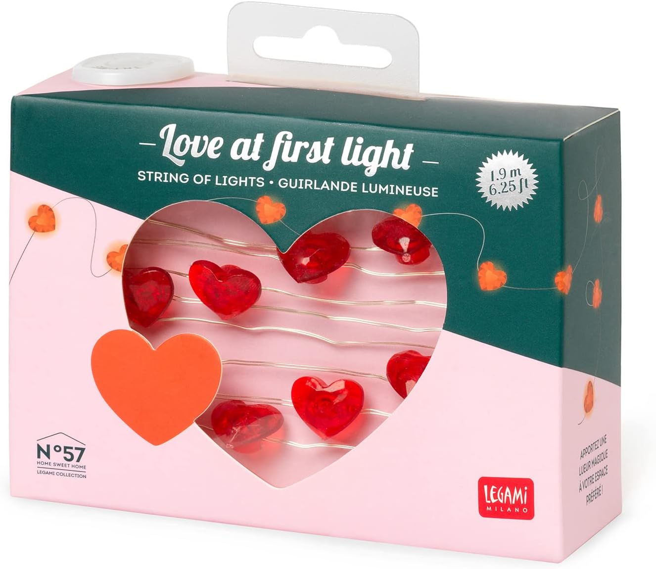 Legami - Filo di Luci Led a Forma di Cuore, Love at First Light, Lunghezza 190 cm, con 20 Led a Forma di Cuore, Filo Luminoso Color Argento, Colore Luce Bianco Caldo