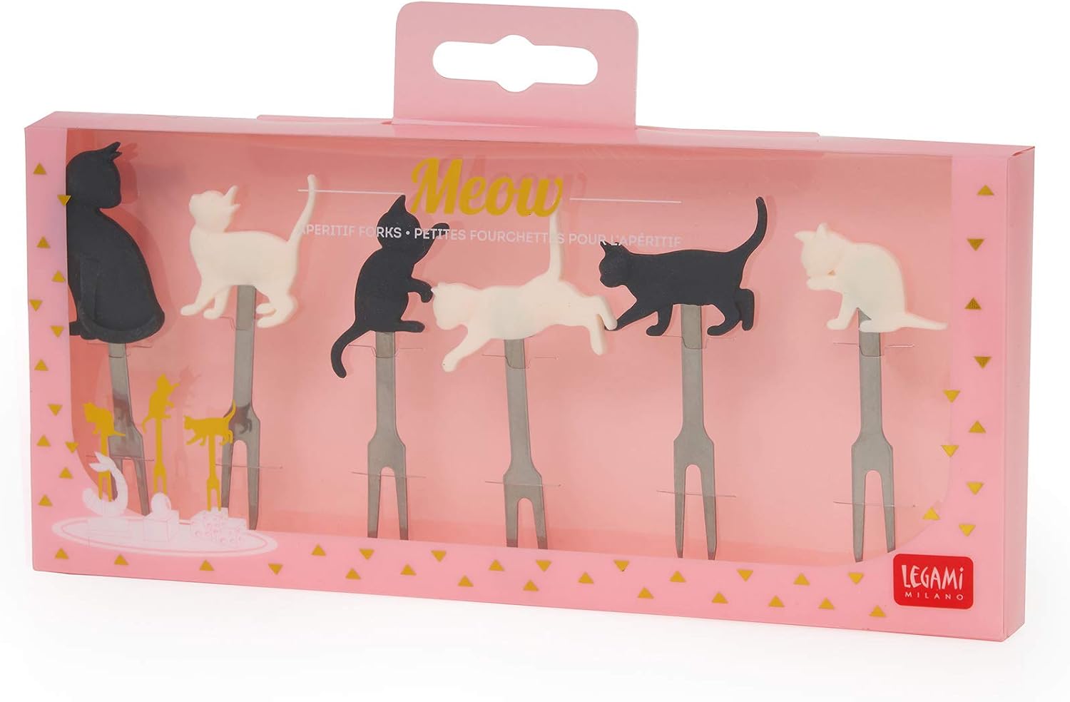 Legami PICK0001 Set of 6 Reusable Durable Finger Food Forks 3.2x9cm Cats Theme, Silicone Stainless Steel