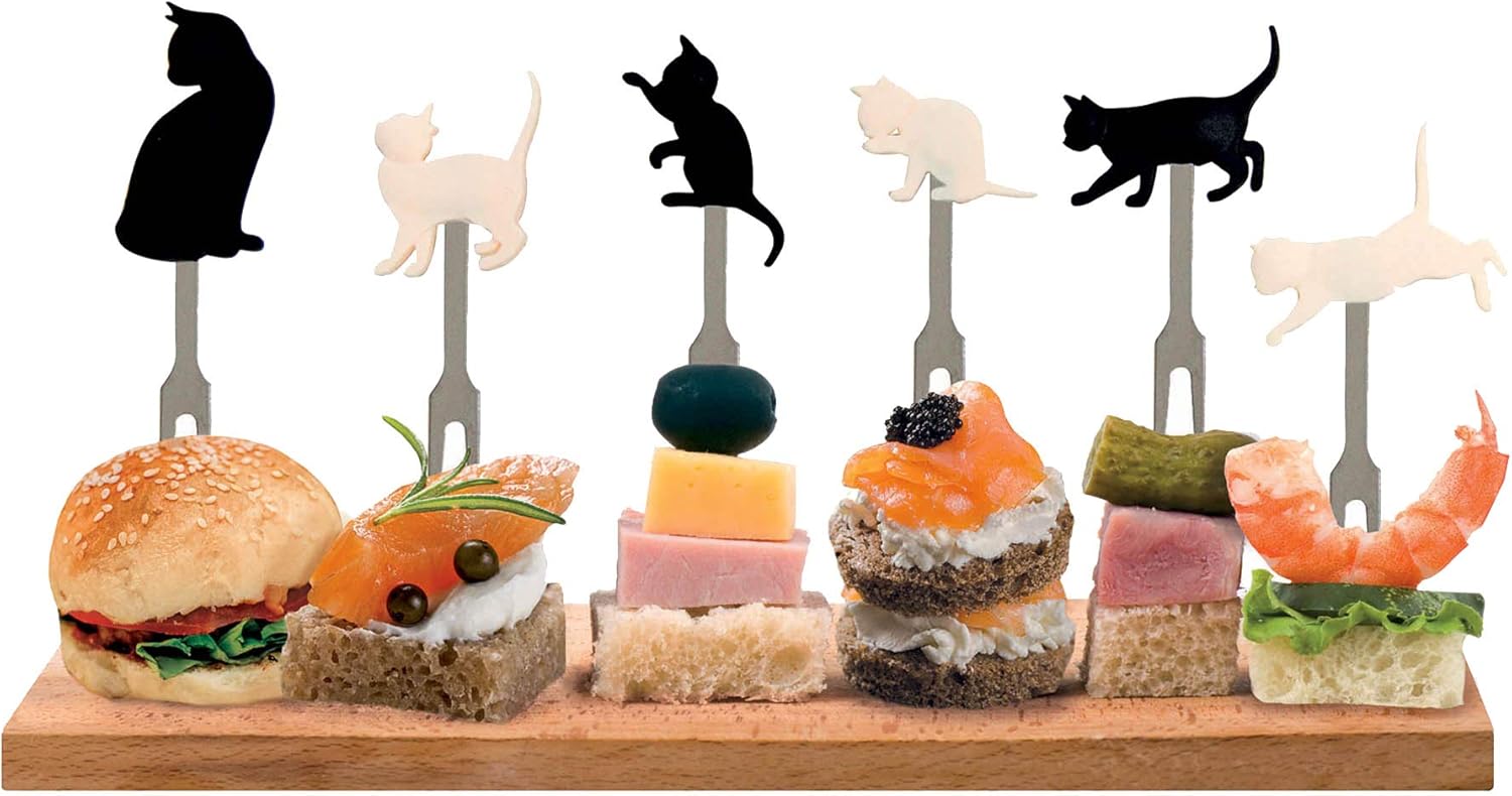 Legami PICK0001 Set of 6 Reusable Durable Finger Food Forks 3.2x9cm Cats Theme, Silicone Stainless Steel