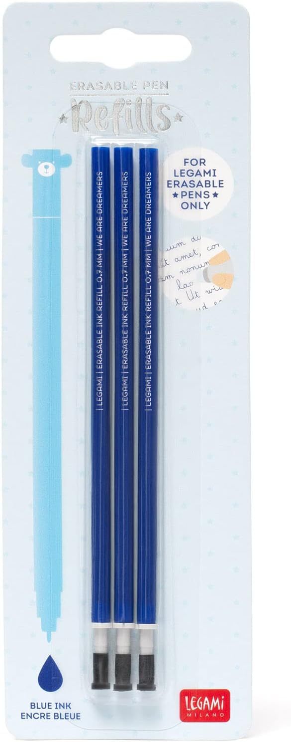 Legami - Refill for Erasable Gel Pen, Set of 3, Height 13 cm, Blue Thermosensitive Ink, Tip 0.7 mm