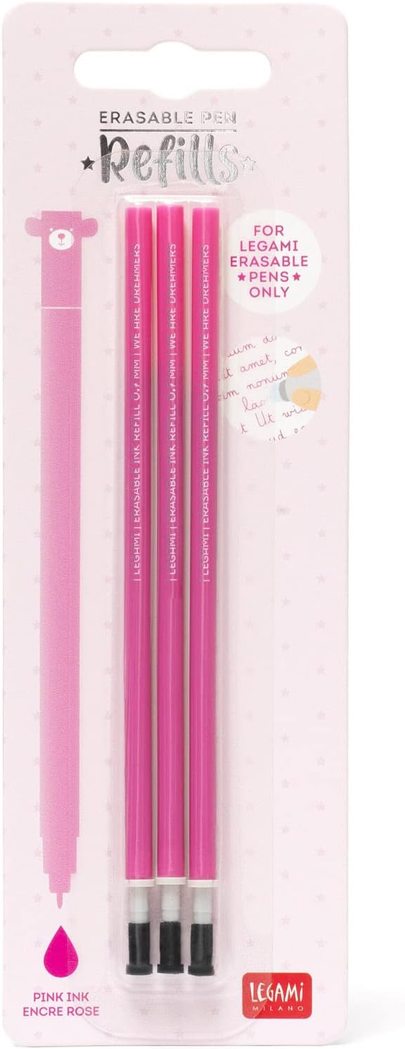 Legami Refill for Erasable Gel Pen, Set of 3 Refills, 13 cm Height, Pink Thermosensitive Ink, 0.7 mm Tip