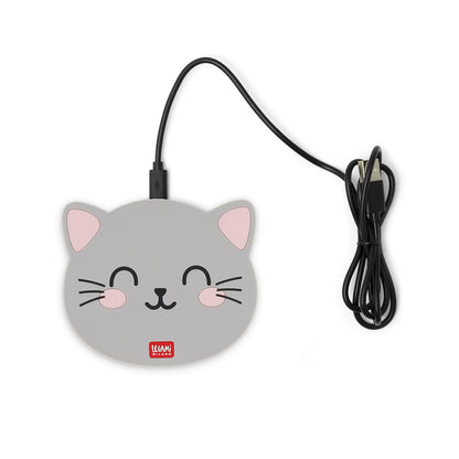 Legami Grey Cat Wireless Smartphone charger pad up to 10W. USB/USB-C cable included