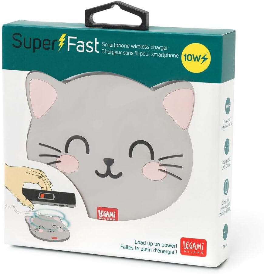 Legami Grey Cat Wireless Smartphone charger pad up to 10W. USB/USB-C cable included