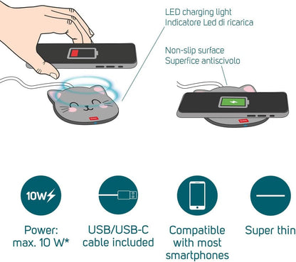 Legami Grey Cat Wireless Smartphone charger pad up to 10W. USB/USB-C cable included