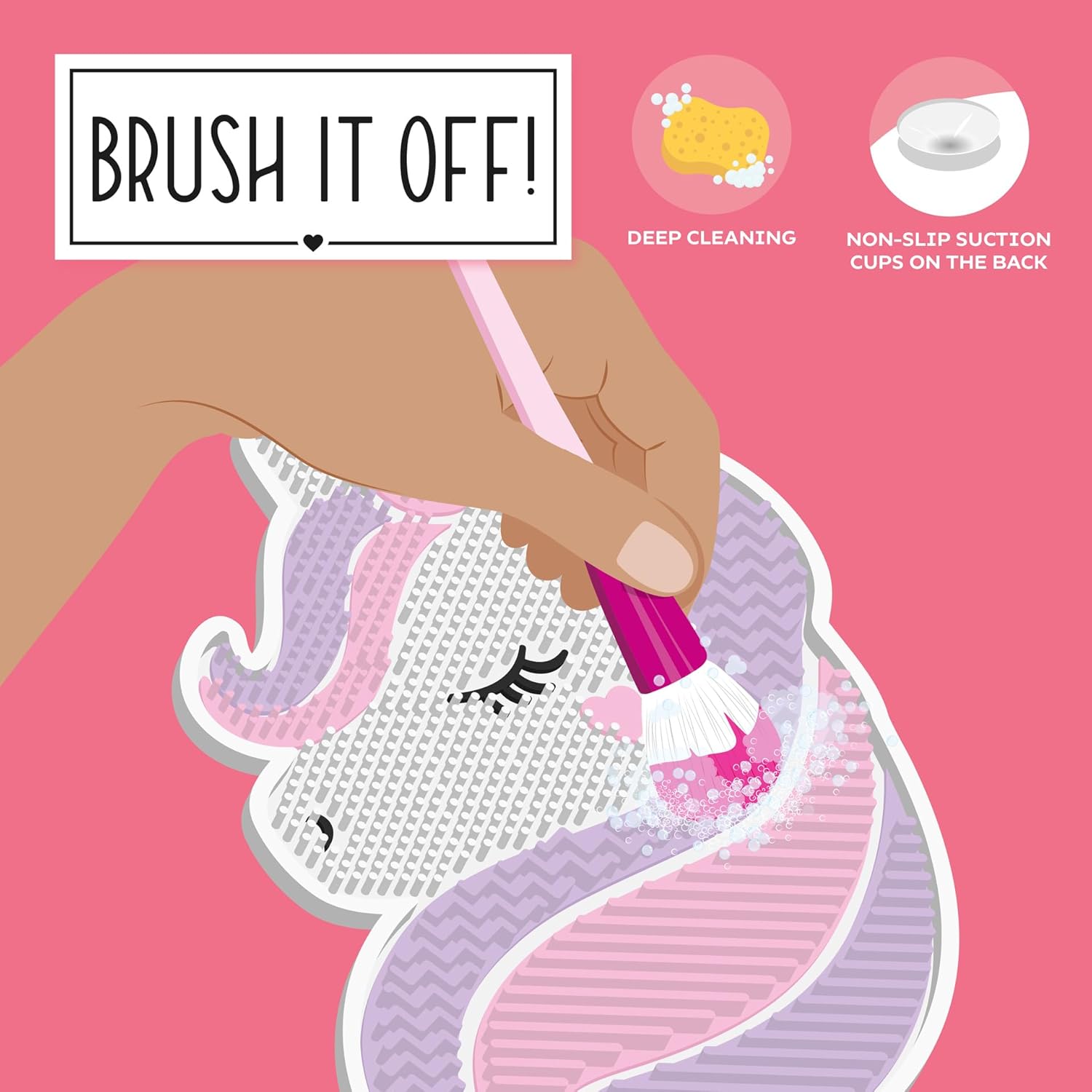 Legami - Makeup Brush Cleaner Mat - Brush it Off! - Makeup Brush Cleaning Pad, Silicone Pad for Cosmetics with Suction Cup, Unicorn Theme