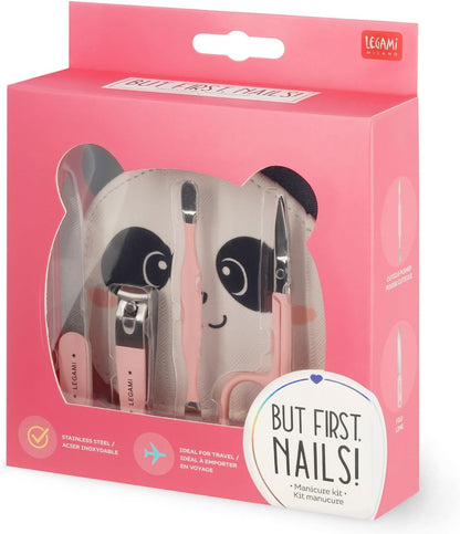 Legami Manicure Kit - But First Nails!, Scissors, Nail Clippers, File, Cuticle Pusher for Manicure and Pedicure, Pocket and Portable Set, Great for Travel, Home Use