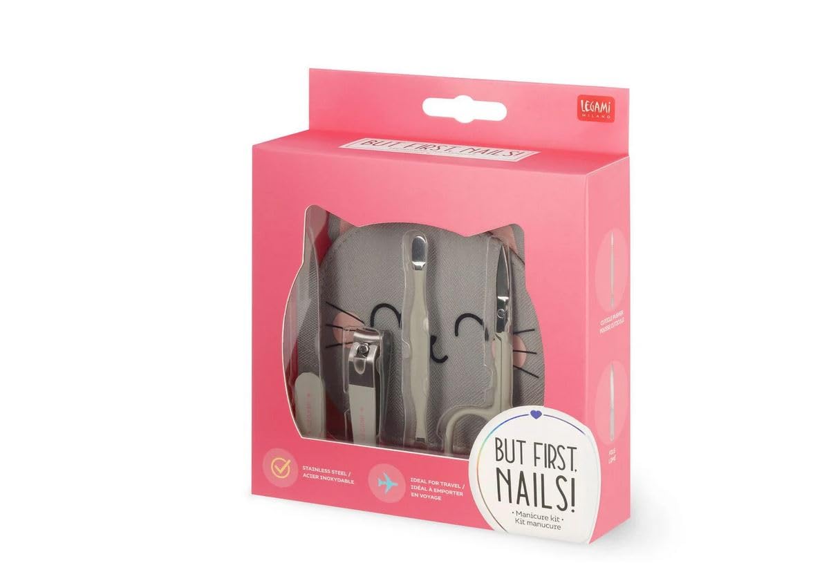 Legami Manicureset - But First, nagels, nagelschaar, nagelknipper, vijl, nagelriemduwer voor manicure en pedicure, zakformaat, draagbaar, ideaal voor reizen, thuisgebruik