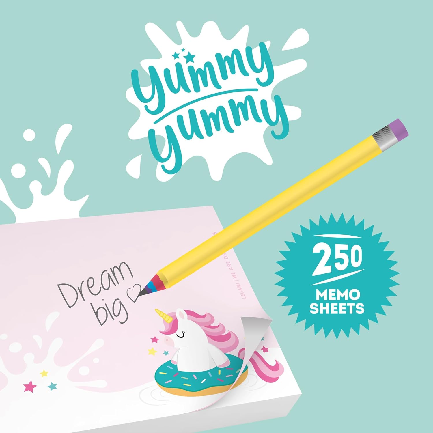 LEGAMI - Yummy Yummy Memo Pad, Notepad with 250 Removable Sheets, FSC Certified Paper, Size 7 x 10 x 7 cm, Memo Pad with Pink Leaves, Unicorn