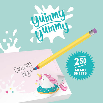 LEGAMI - Yummy Yummy Memo Pad, Notepad with 250 Removable Sheets, FSC Certified Paper, Size 7 x 10 x 7 cm, Memo Pad with Pink Leaves, Unicorn