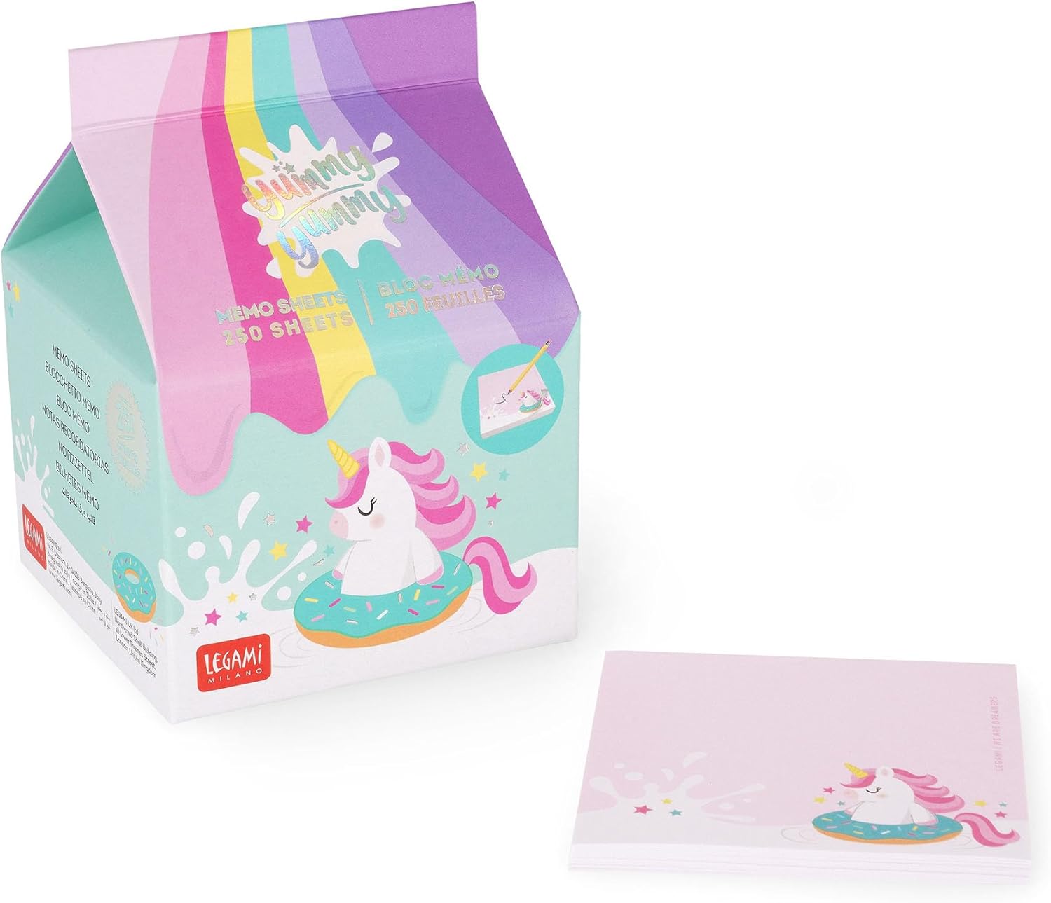 LEGAMI - Yummy Yummy Memo Pad, Notepad with 250 Removable Sheets, FSC Certified Paper, Size 7 x 10 x 7 cm, Memo Pad with Pink Leaves, Unicorn