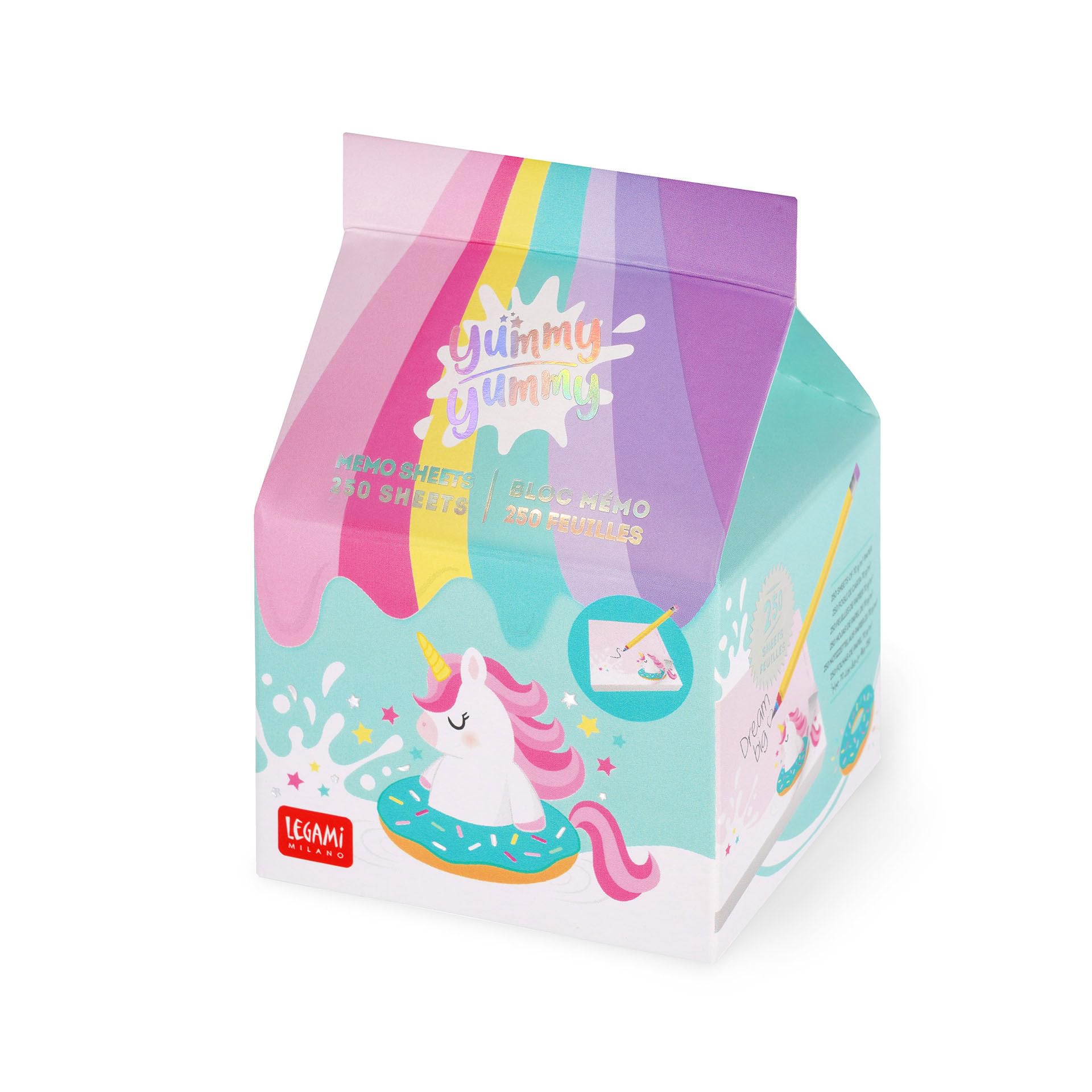 LEGAMI - Yummy Yummy Memo Pad, Notepad with 250 Removable Sheets, FSC Certified Paper, Size 7 x 10 x 7 cm, Memo Pad with Pink Leaves, Unicorn