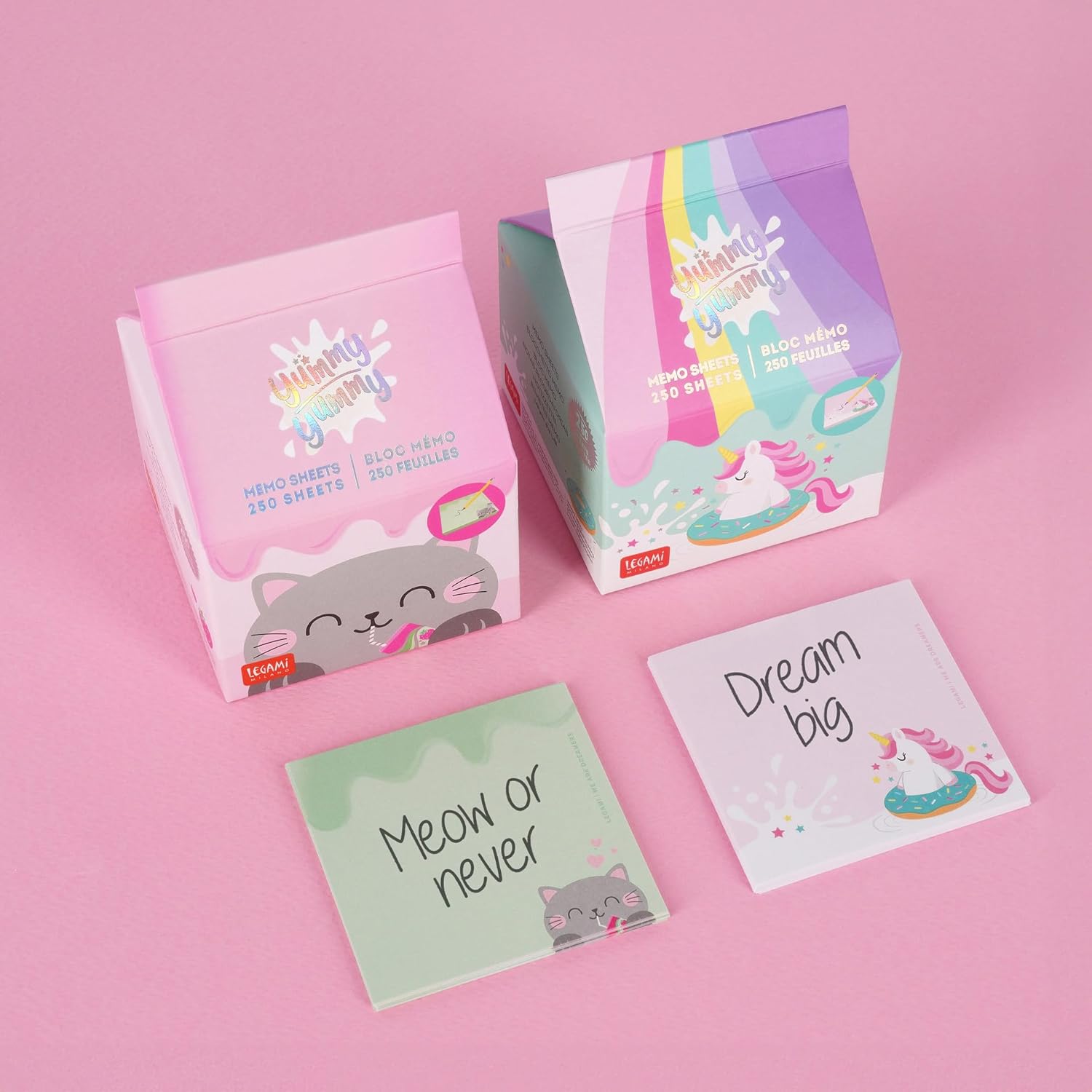 LEGAMI - Yummy Yummy Memo Pad, Notepad with 250 Removable Sheets, FSC Certified Paper, Size 7 x 10 x 7 cm, Memo Pad with Pink Leaves, Unicorn