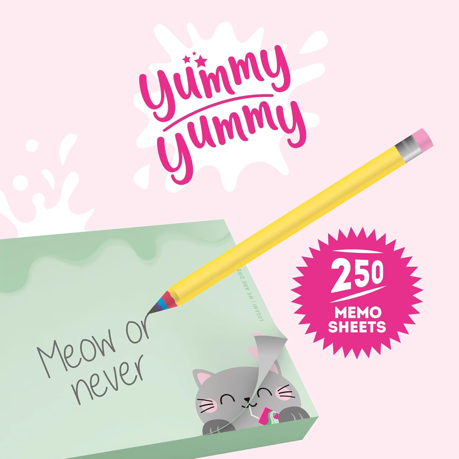 Legami - Yummy Yummy Memo Pad, Notepad with 250 Detachable Sheets, FSC Certified Paper, Size 7 x 10 x 7 cm, Memo Pad with Green Sheets, Kitty