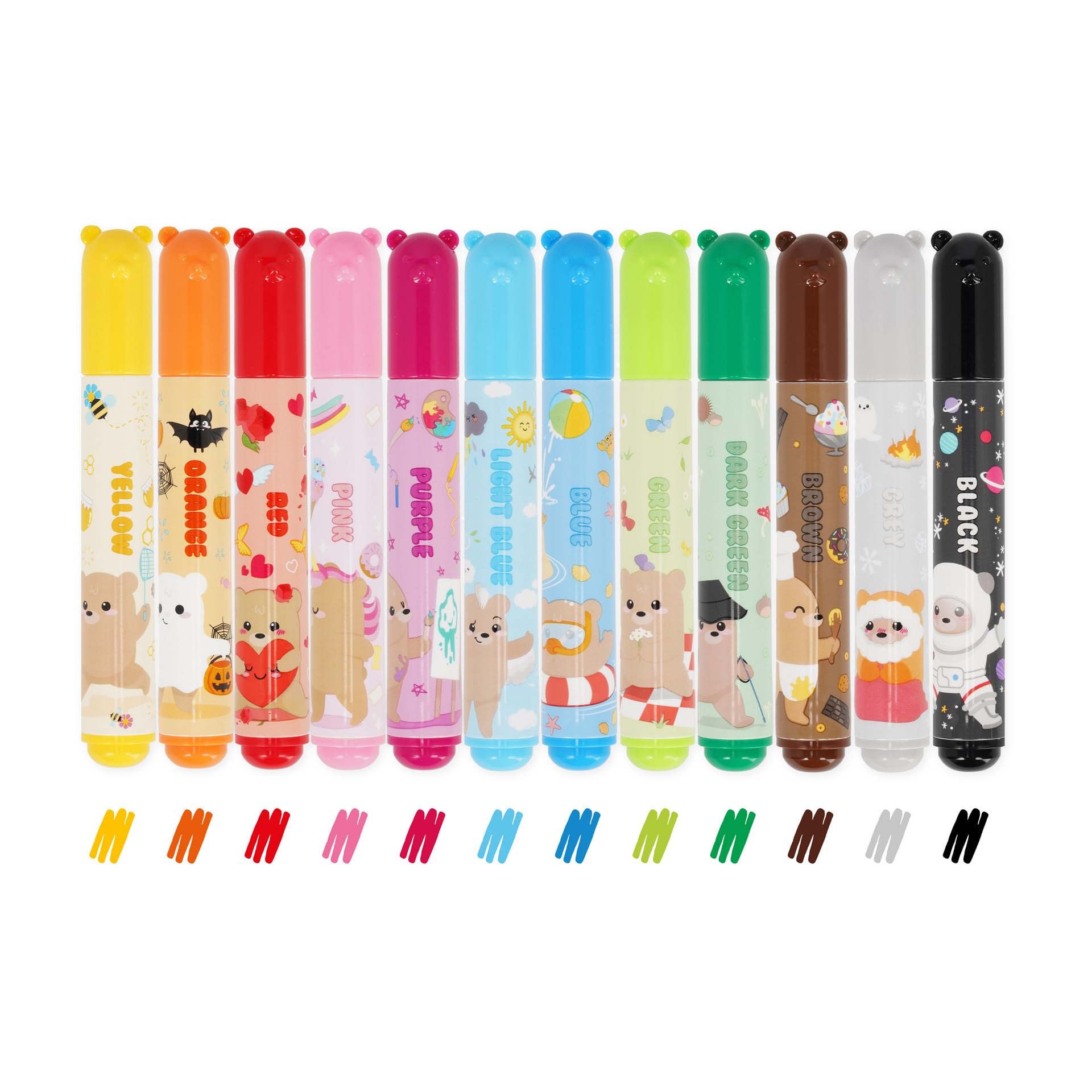 Legami - Set of 12 Pens - Teddy Friends, 12 Assorted Colours, Washable and Non-Toxic, Anti-indentation Tip, Thin and Wide Lines, for Children and Girls, Reusable Packaging