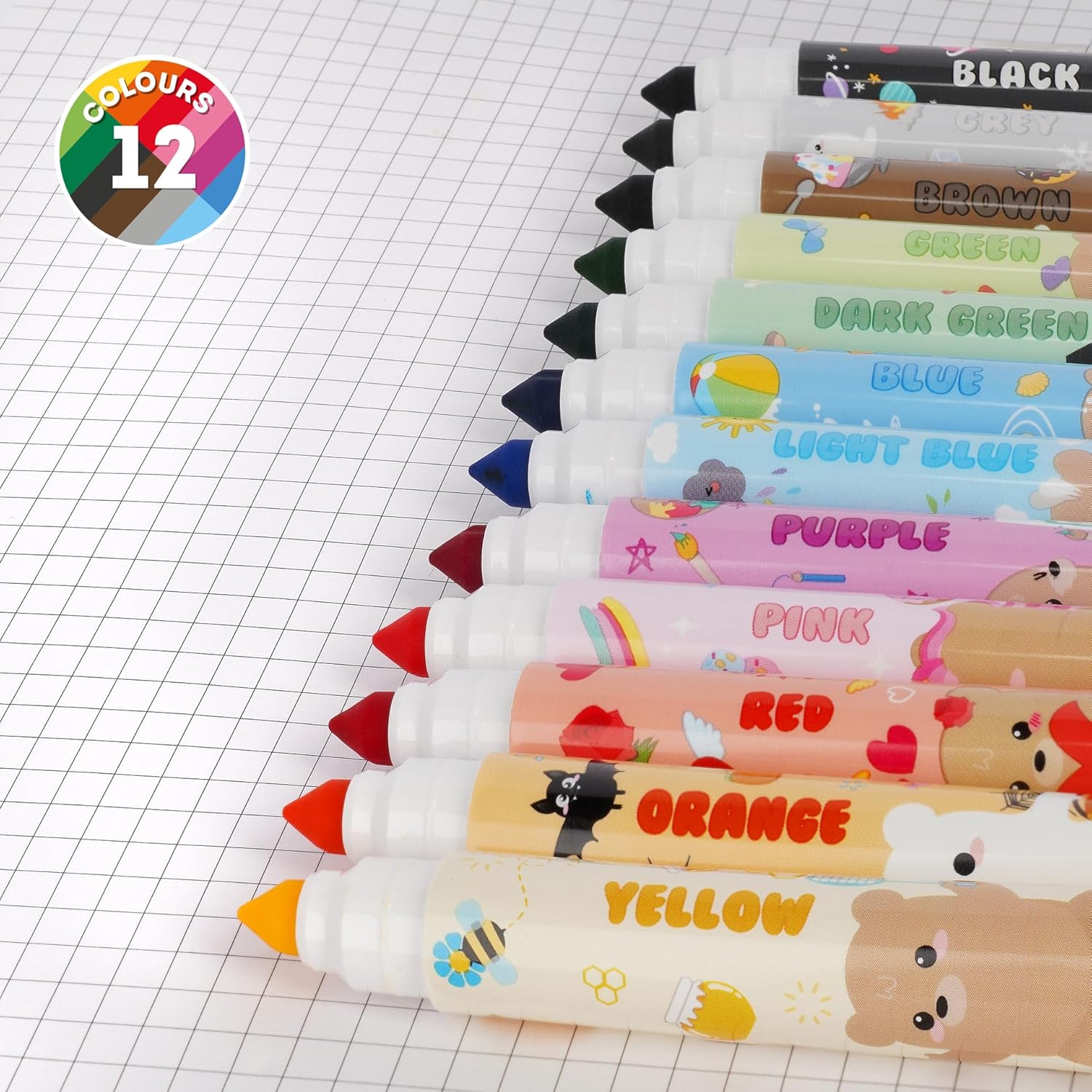Legami - Set of 12 Pens - Teddy Friends, 12 Assorted Colours, Washable and Non-Toxic, Anti-indentation Tip, Thin and Wide Lines, for Children and Girls, Reusable Packaging