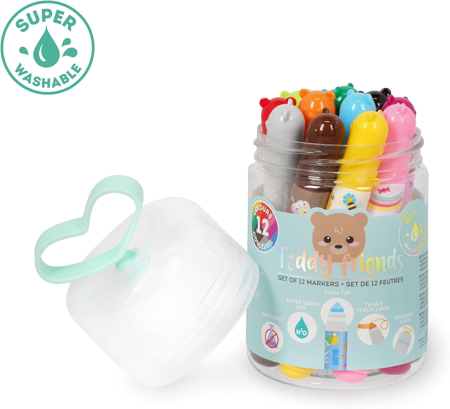 Legami - Set of 12 Pens - Teddy Friends, 12 Assorted Colours, Washable and Non-Toxic, Anti-indentation Tip, Thin and Wide Lines, for Children and Girls, Reusable Packaging