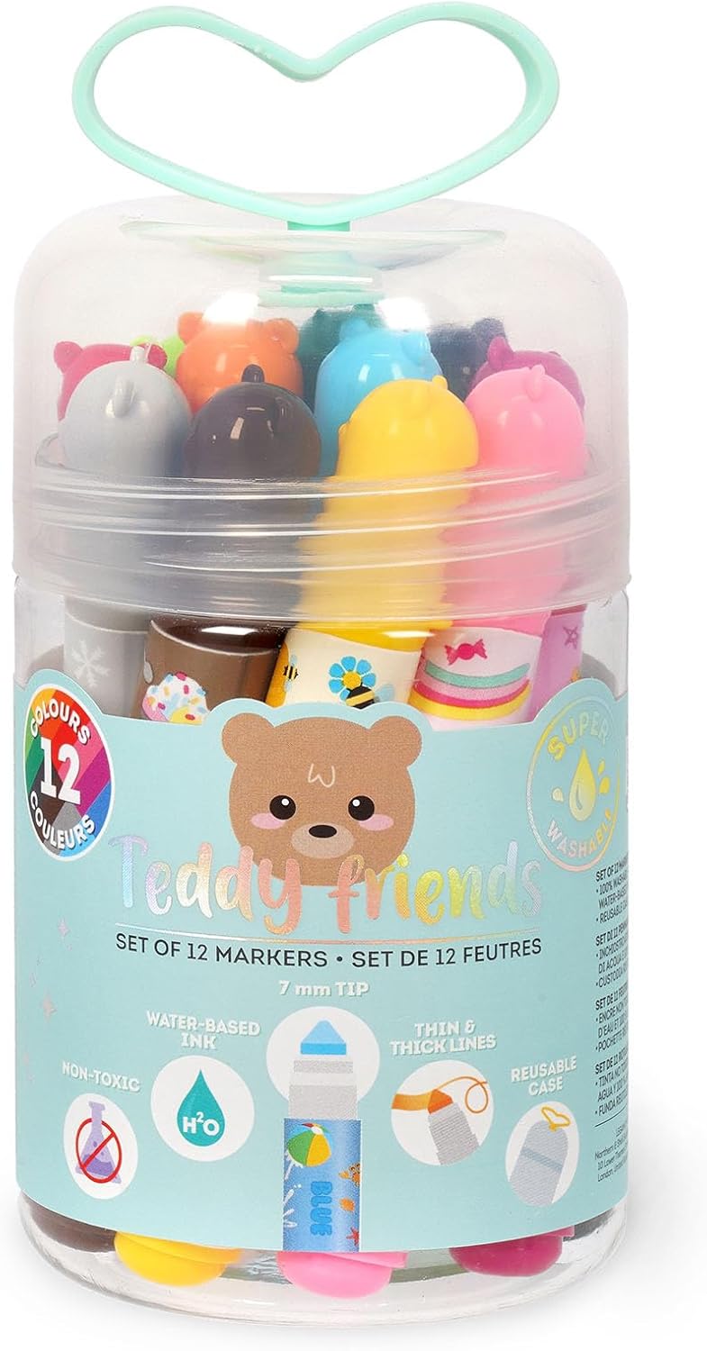 Legami - Set of 12 Pens - Teddy Friends, 12 Assorted Colours, Washable and Non-Toxic, Anti-indentation Tip, Thin and Wide Lines, for Children and Girls, Reusable Packaging