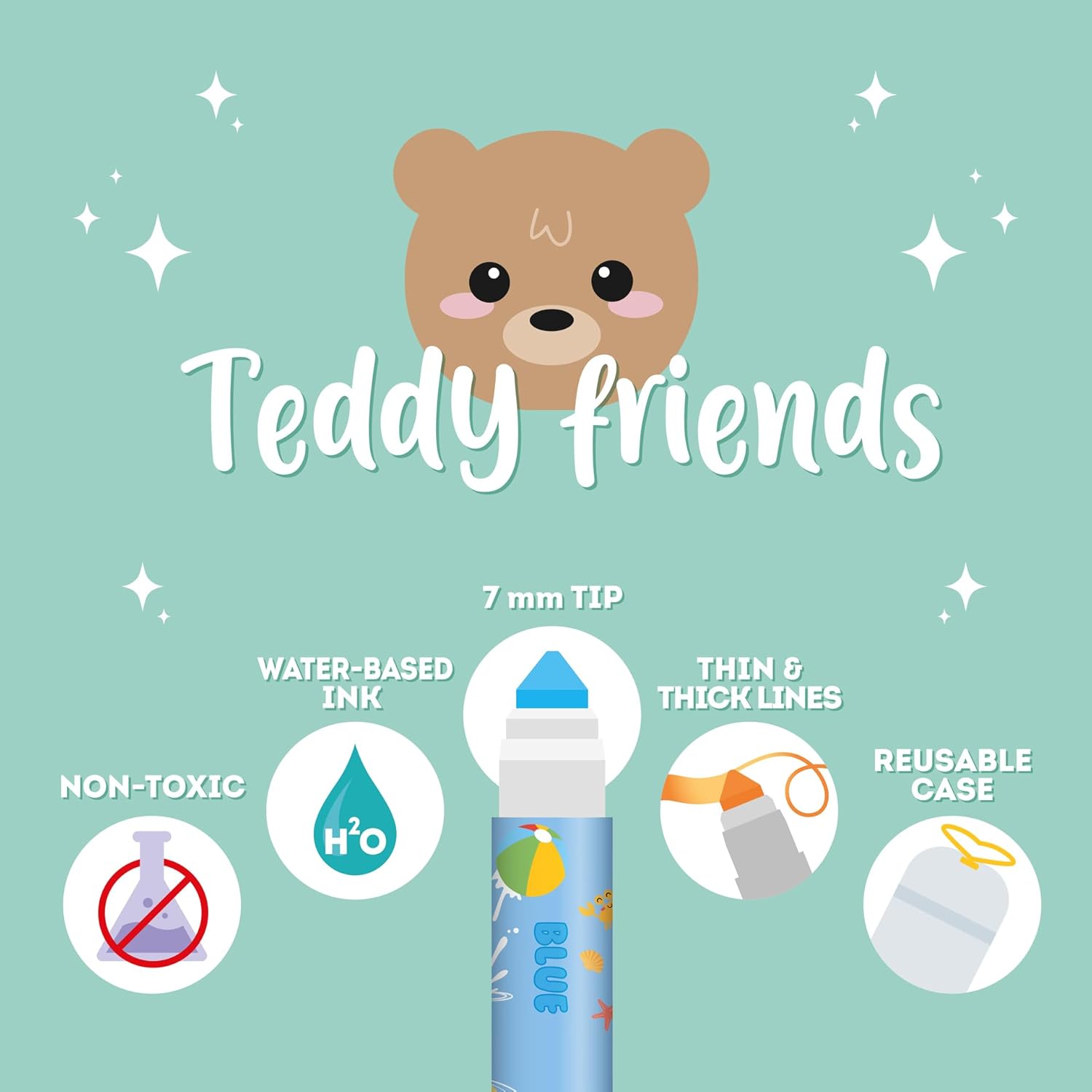 Legami - Set of 12 Pens - Teddy Friends, 12 Assorted Colours, Washable and Non-Toxic, Anti-indentation Tip, Thin and Wide Lines, for Children and Girls, Reusable Packaging